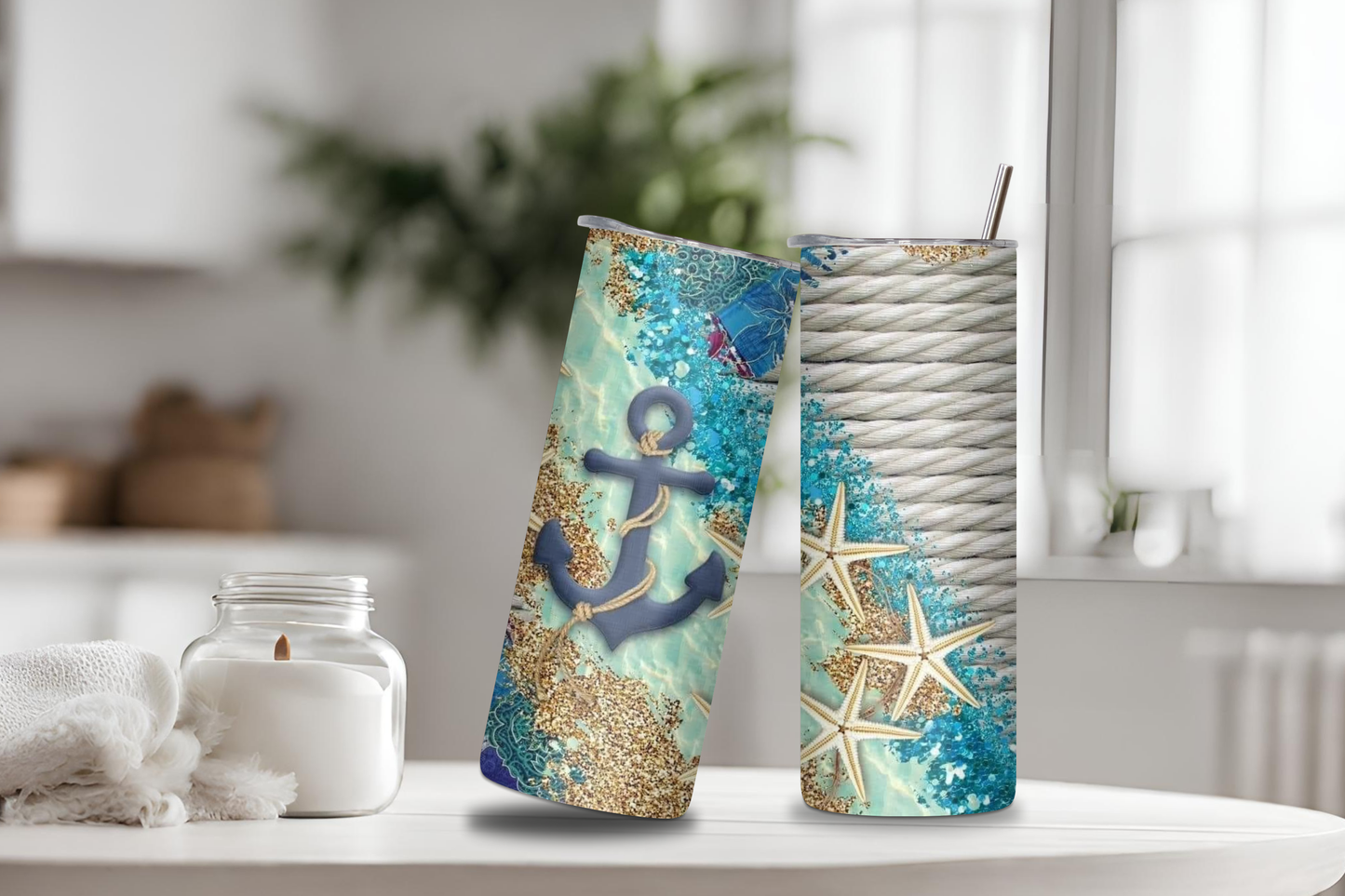 Ocean Blue Anchor Tumbler, 20 oz skinny tumbler, custom tumbler, drinkware