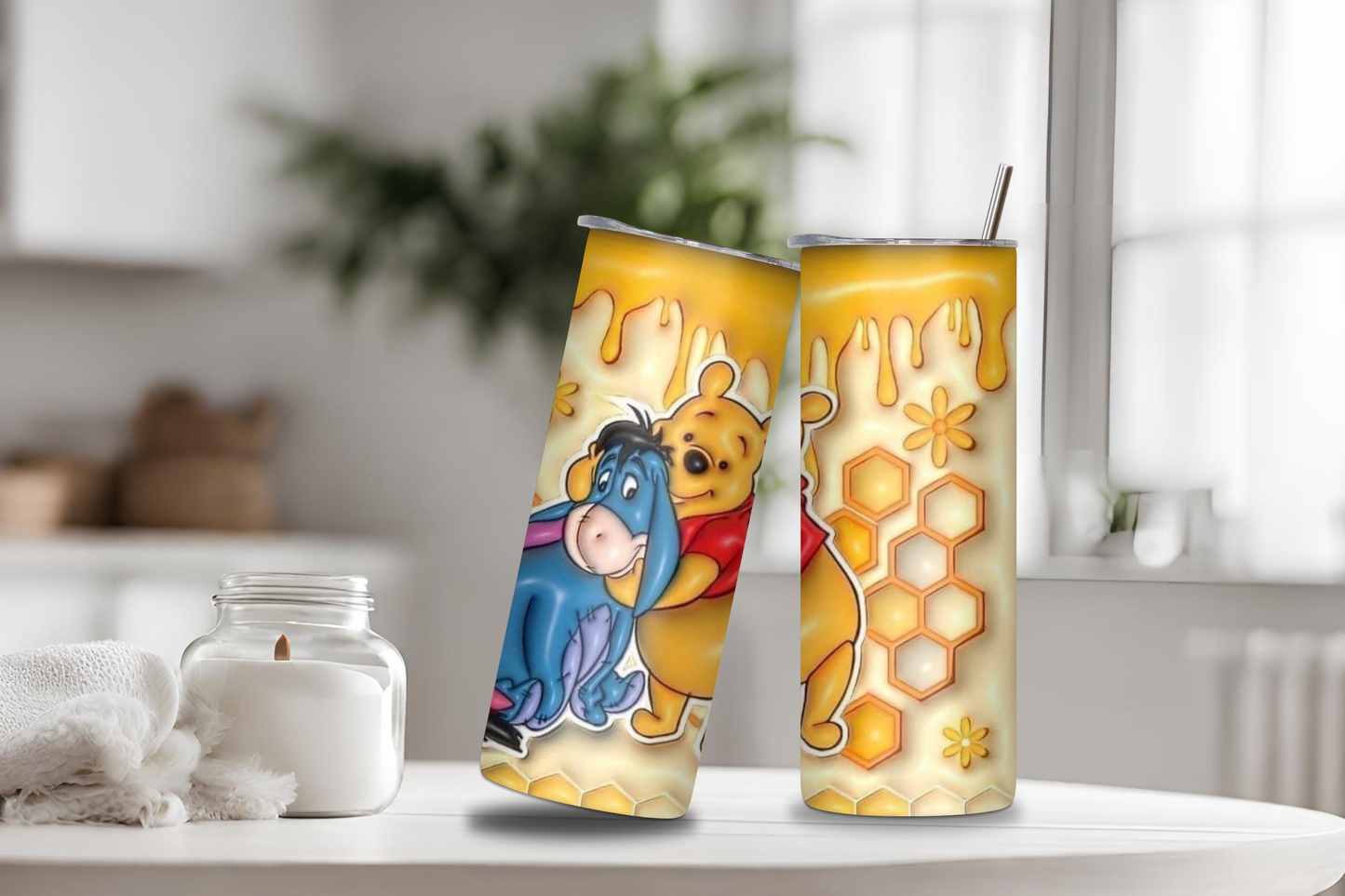 Honey Bear and Friend Yellow 3D Tumbler, 20 oz skinny tumbler