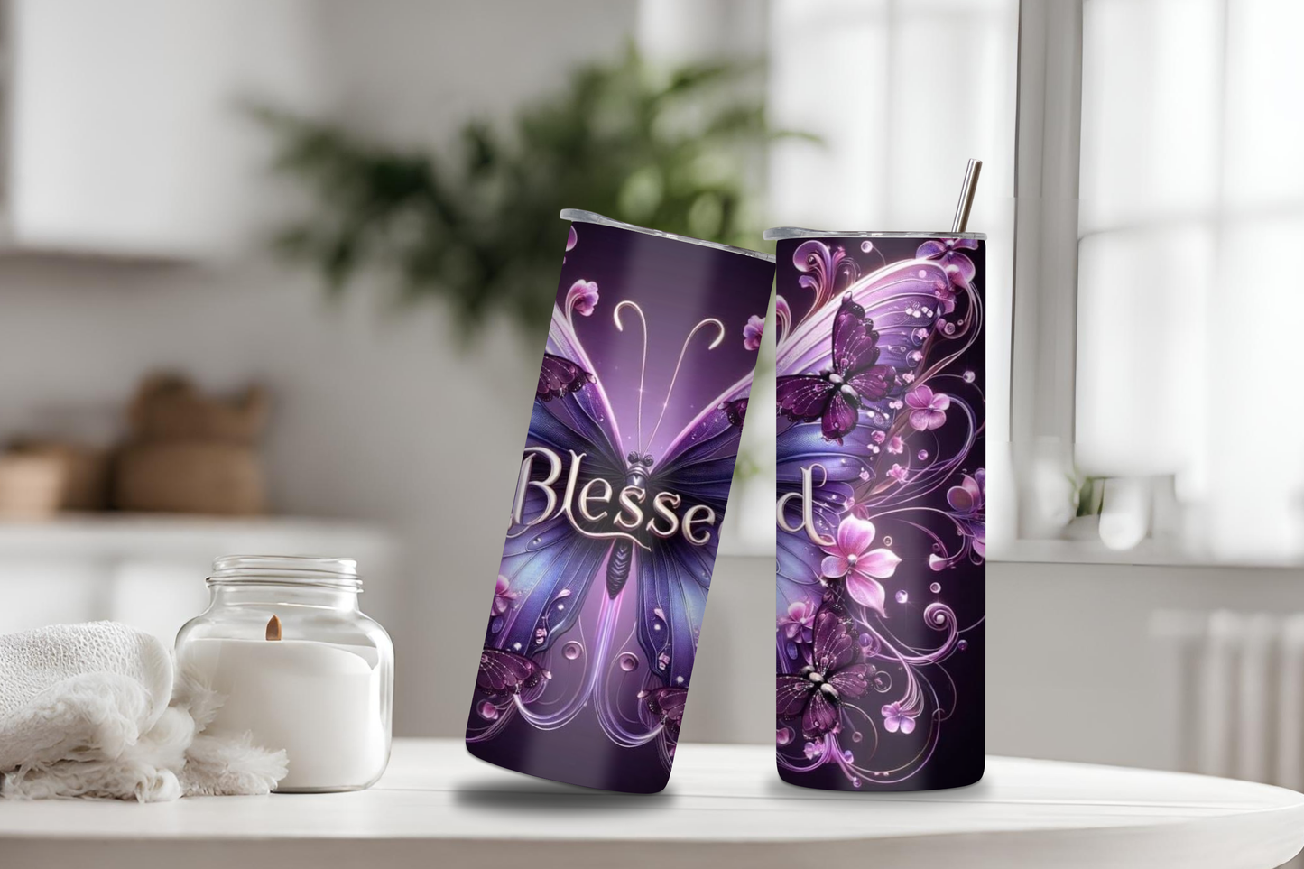Butterfly Blessed Tumbler, 20 oz skinny tumbler, custom tumbler, drinkware