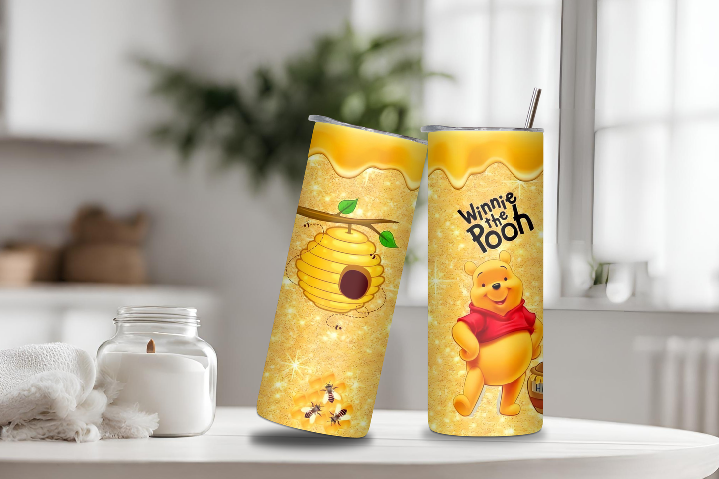 Honey Bear Cartoon character custom tumbler, 20 oz skinny tumbler, drinkware