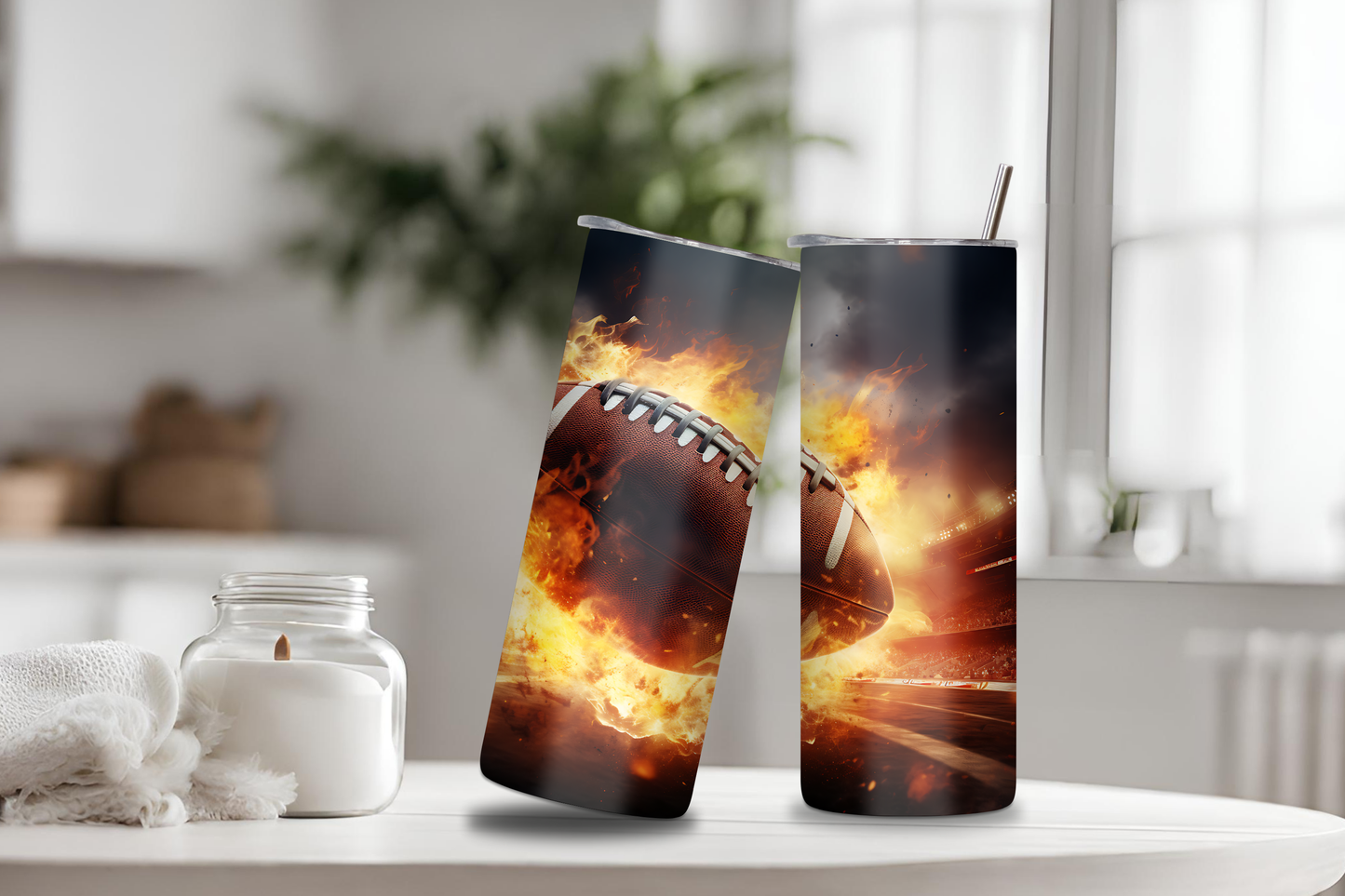 Football On Fire Tumbler, 20 oz skinny tumbler, custom tumbler, drinkware