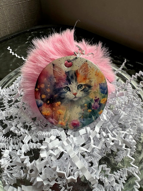 Kitty Glitter Pom Pom Keychain
