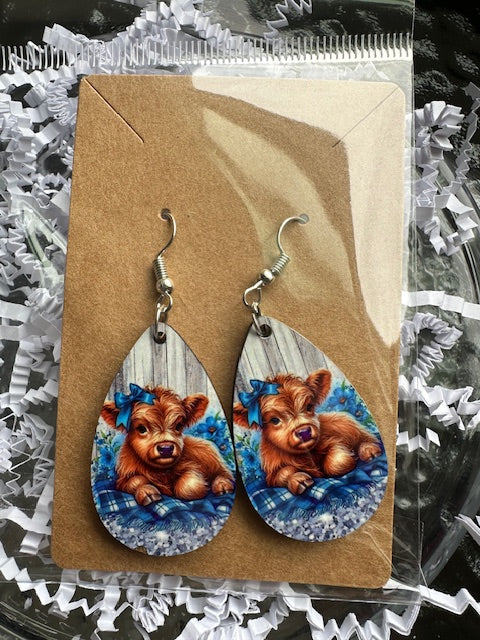 Highland Cow Blue Earrings, Fashion Design, Teardrop Earring