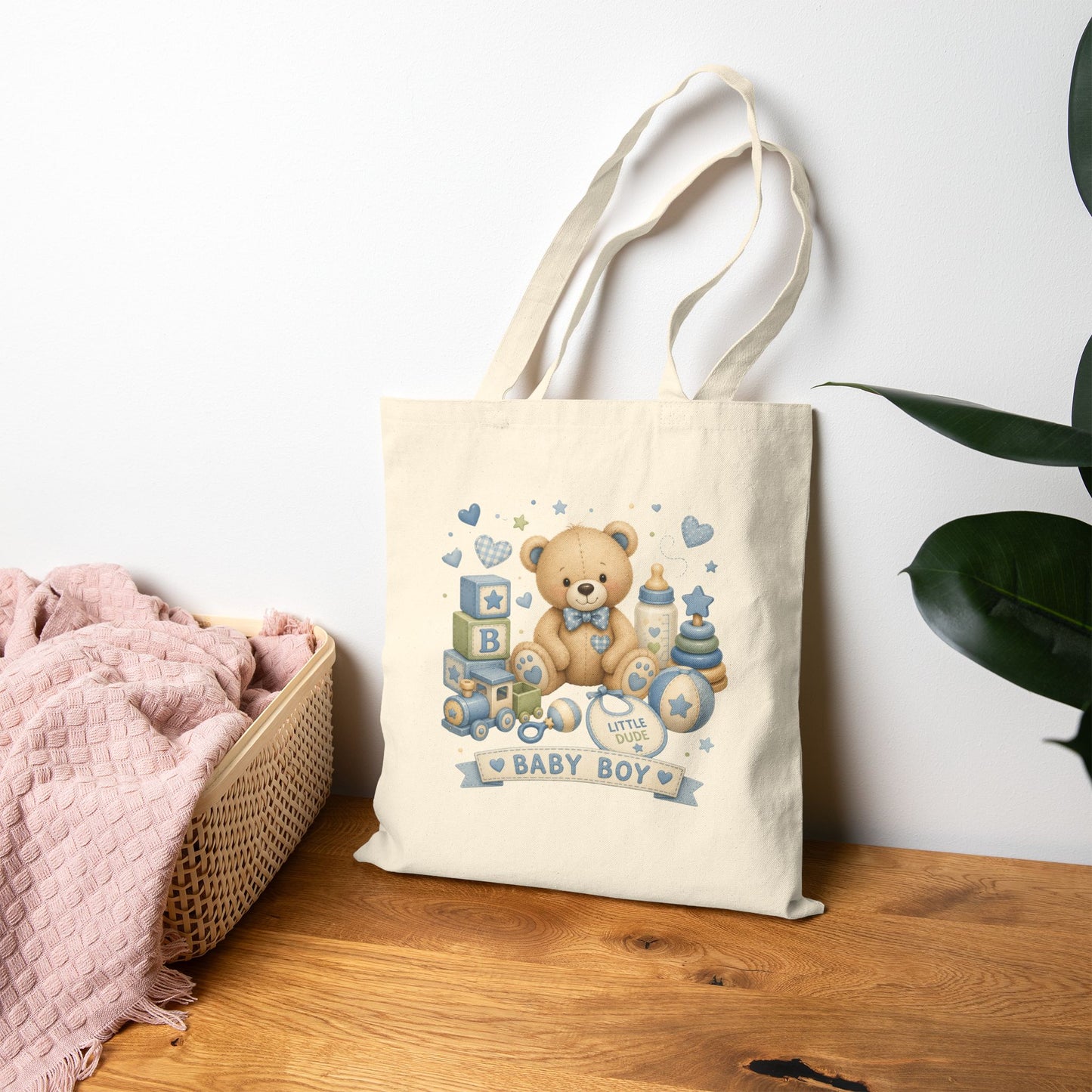 Baby Boy Teddy Tote Bag – Cute Newborn Gift Canvas Bag