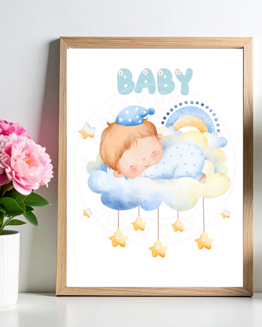 Baby Boy Designs Digital Download / Baby Boy Nursery Wall Art Digital Download, Sleeping Baby Cloud Print, Blue Nursery Decor, Baby Room Printable Wall Art, Newborn Boy Gift