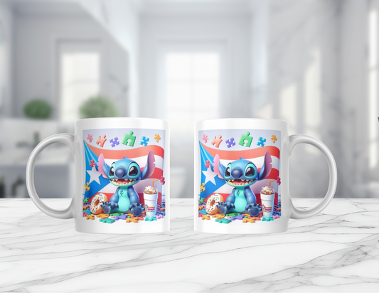 Cute Cartoon Alien Mug, 11 oz mugs, drinkware, Puerto Rico Flag