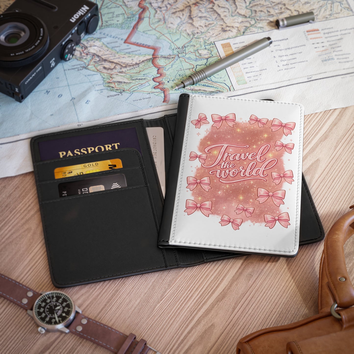 Travel the World Passport Cover – Pink Bows, Sparkle Travel Document Holder