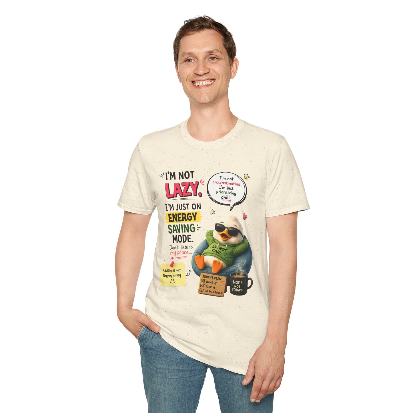 Funny Lazy Duck Energy Saving Mode T-Shirt – Trending Cartoon Meme Graphic Tee