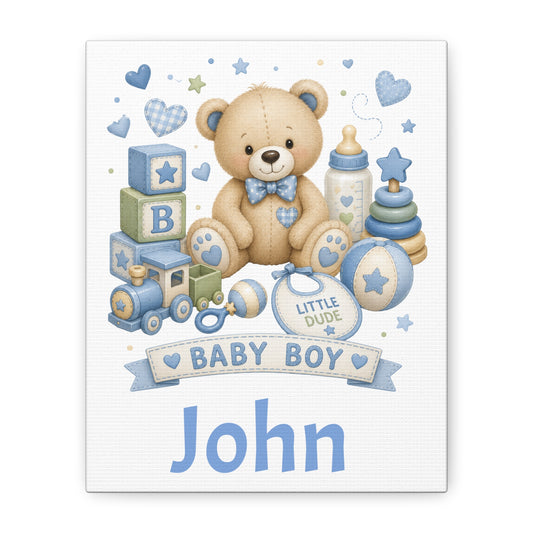 Personalized Baby Boy Canvas Wall Art — 'Baby Boy' Teddy with Name