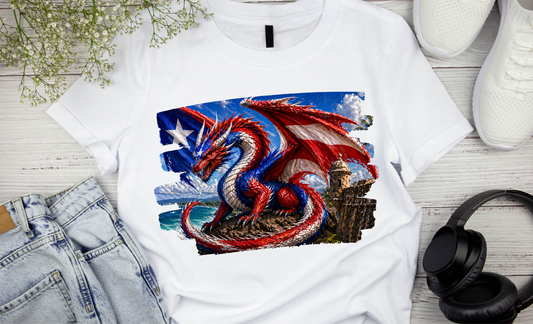 Puerto Rico Dragon T-Shirt – Boricua Flag Fantasy Graphic Tee | El Morro Puerto Rico Shirt, White shirt