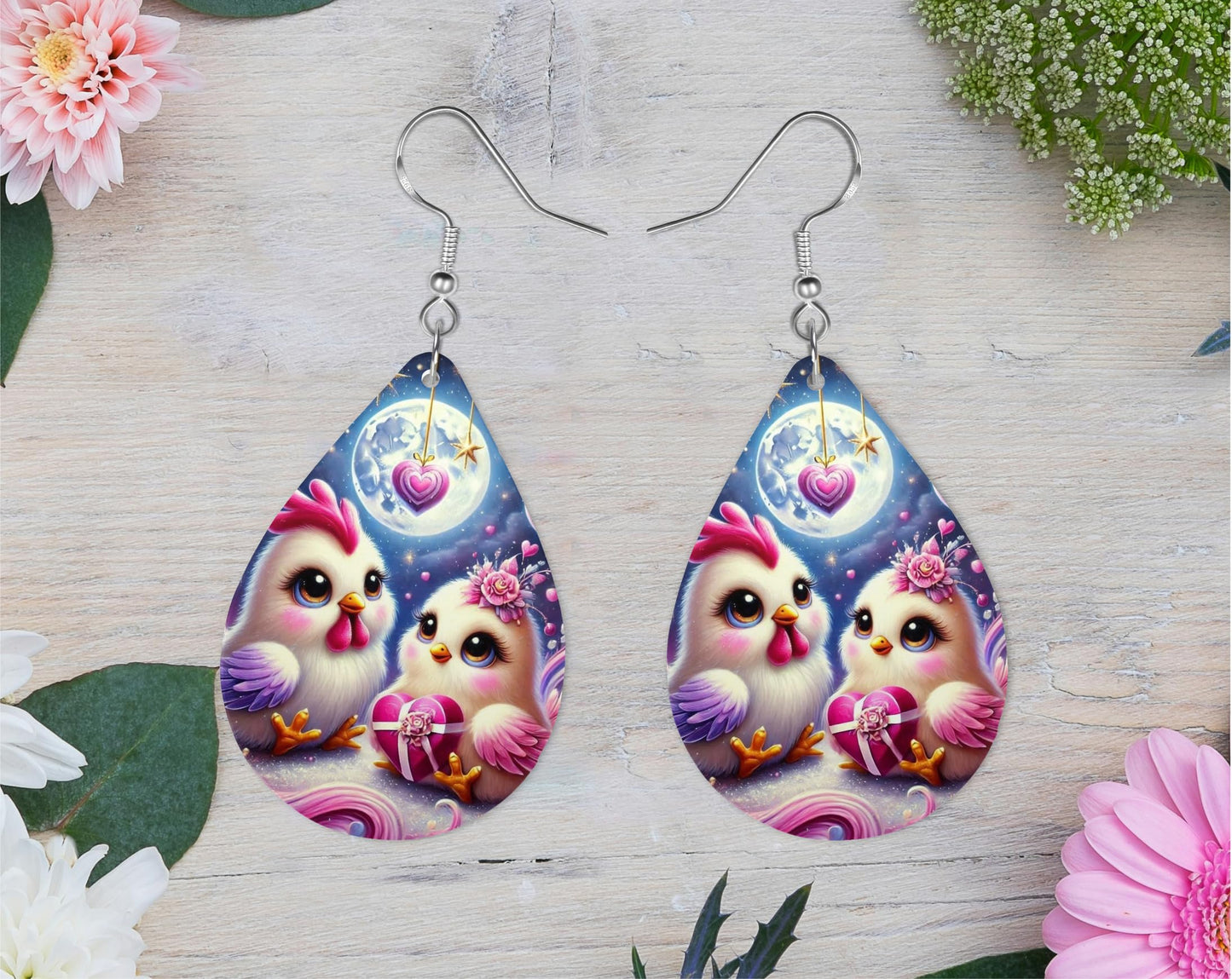 Chicken Love Earrings, Teardrop Earrings